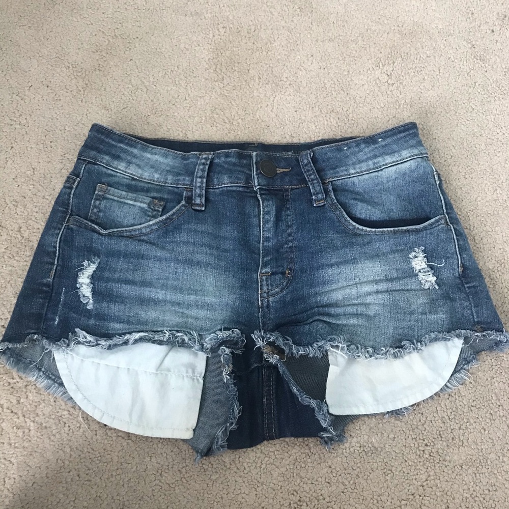 High Rise Shortie Distresses Denim Shorts Size 5